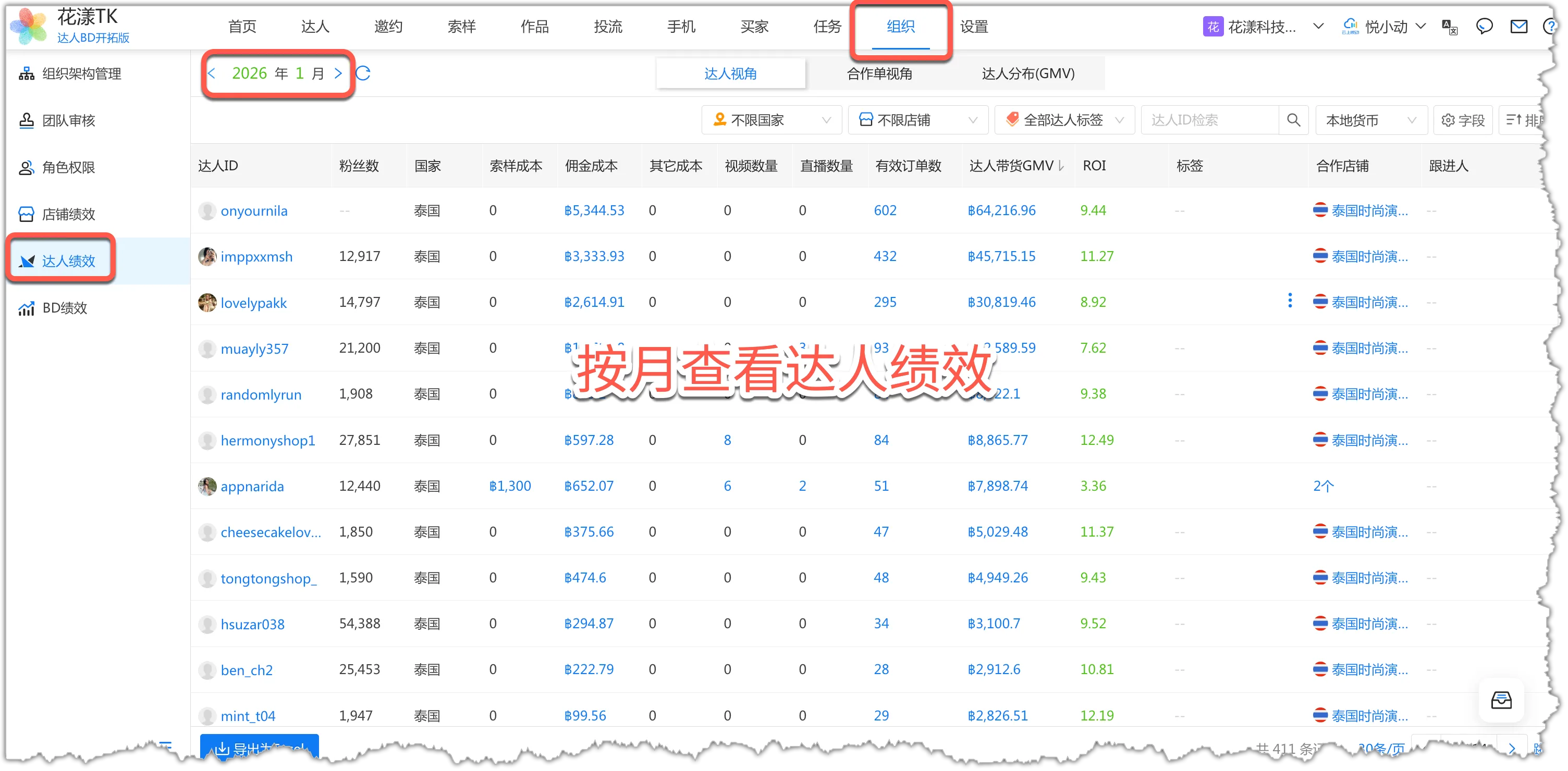 达人绩效按月查看达人投入产出列表