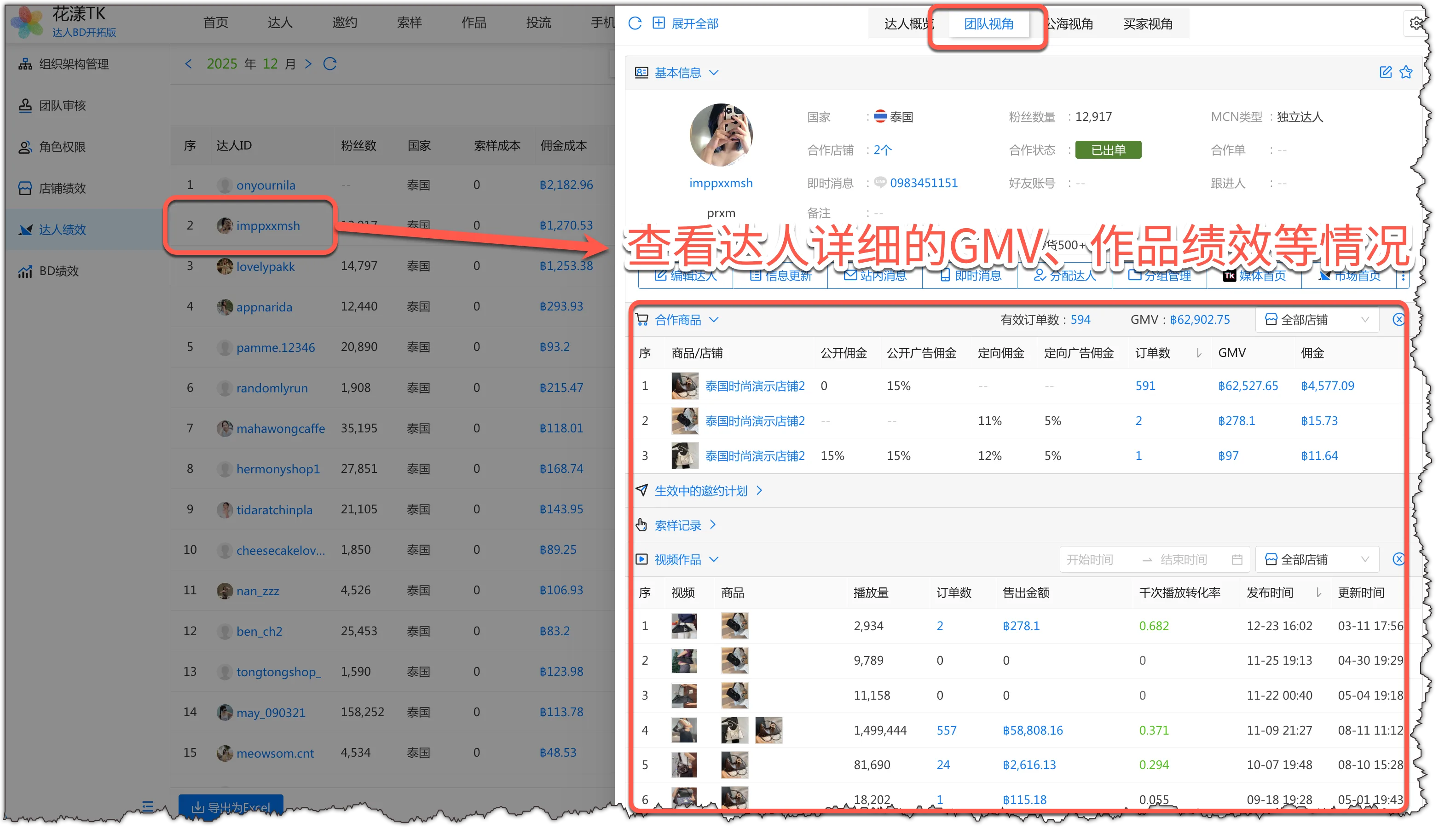 达人详情面板的 GMV、订单、佣金、样品、索样记录与作品绩效情况