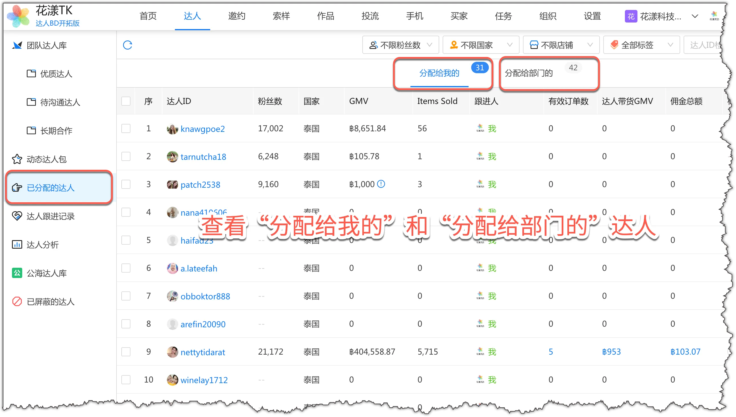 在「已分配的达人」页面查看达人的分配情况