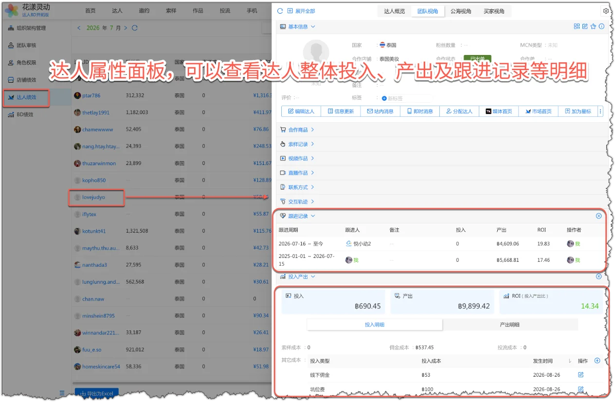 达人属性面板查看所有的合作明细