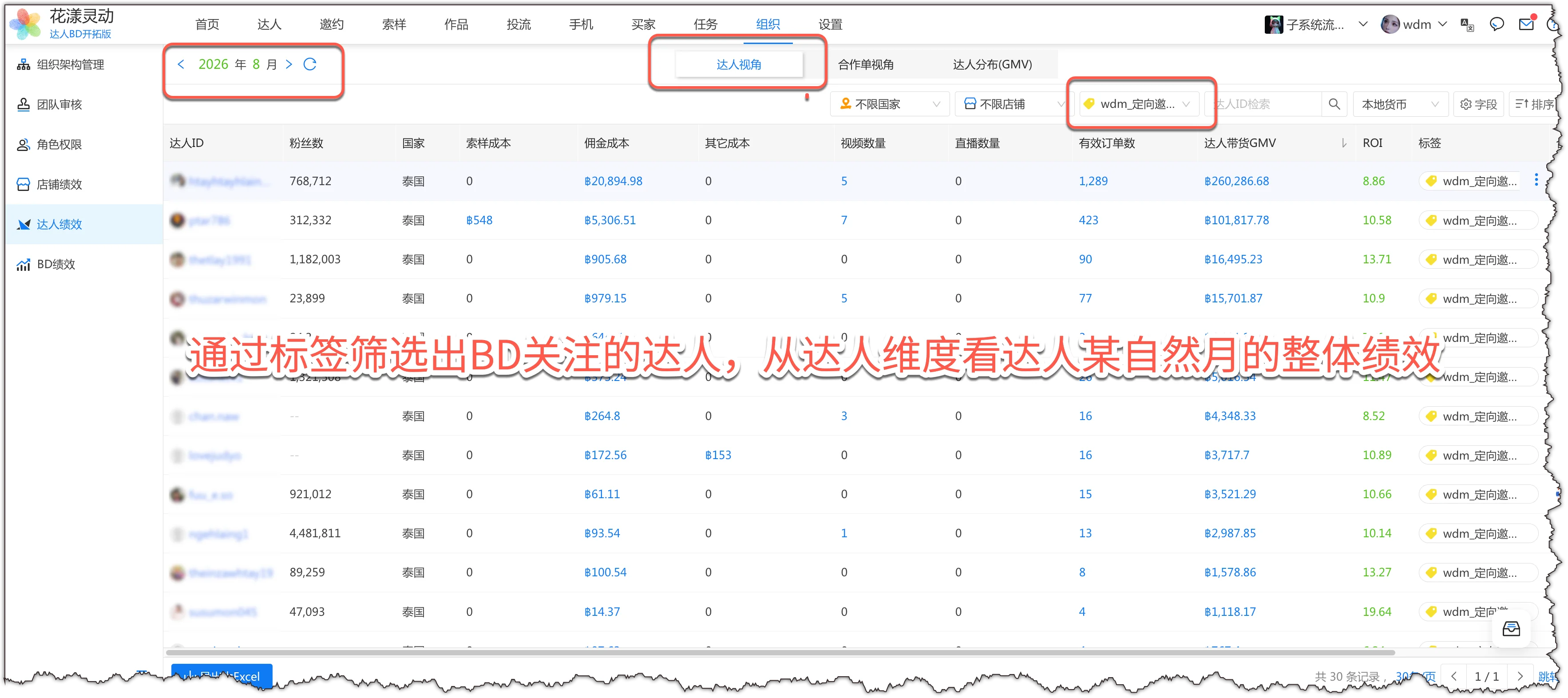 某自然月达人绩效整体统计