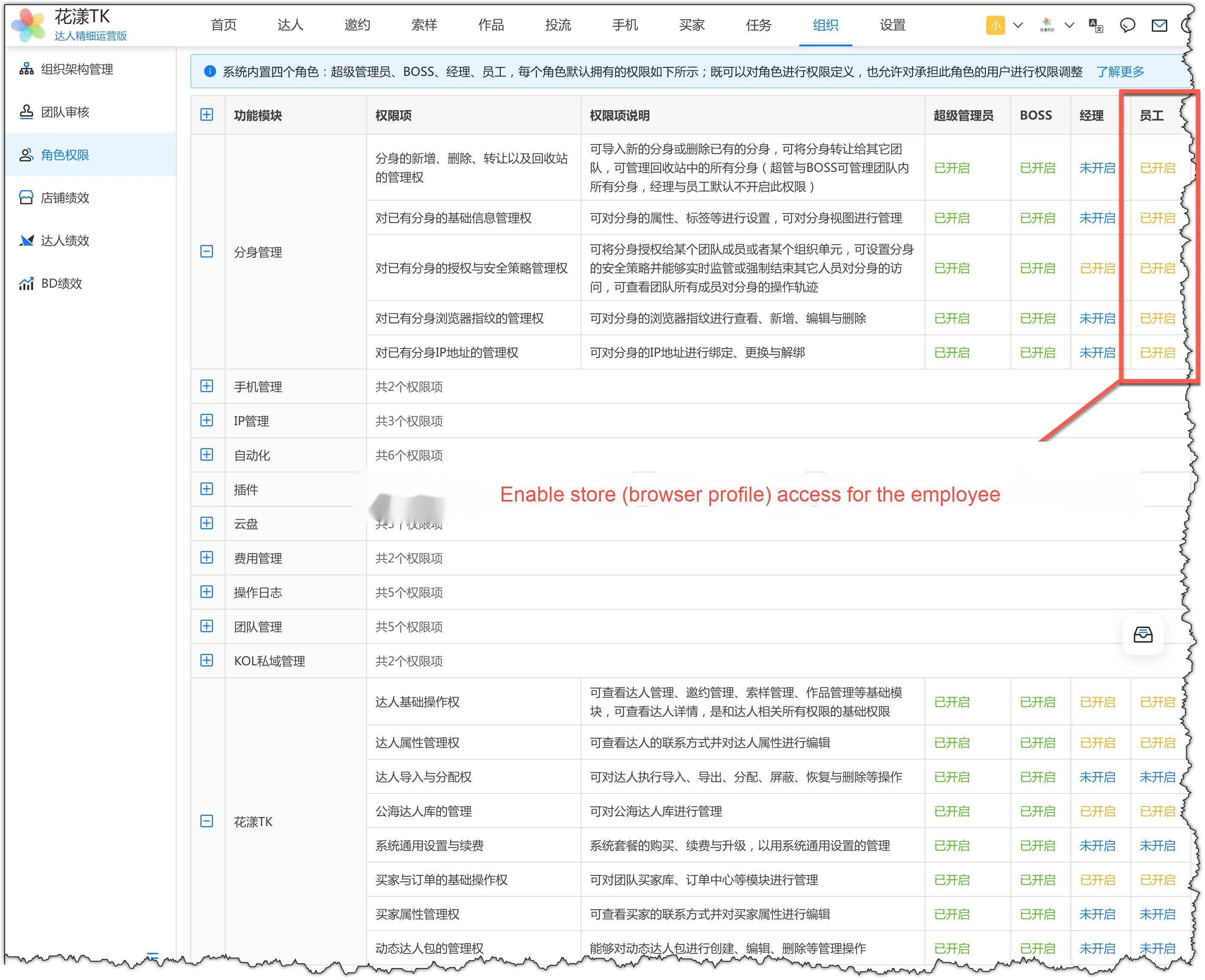 Enable store (browser profile) access for the employee