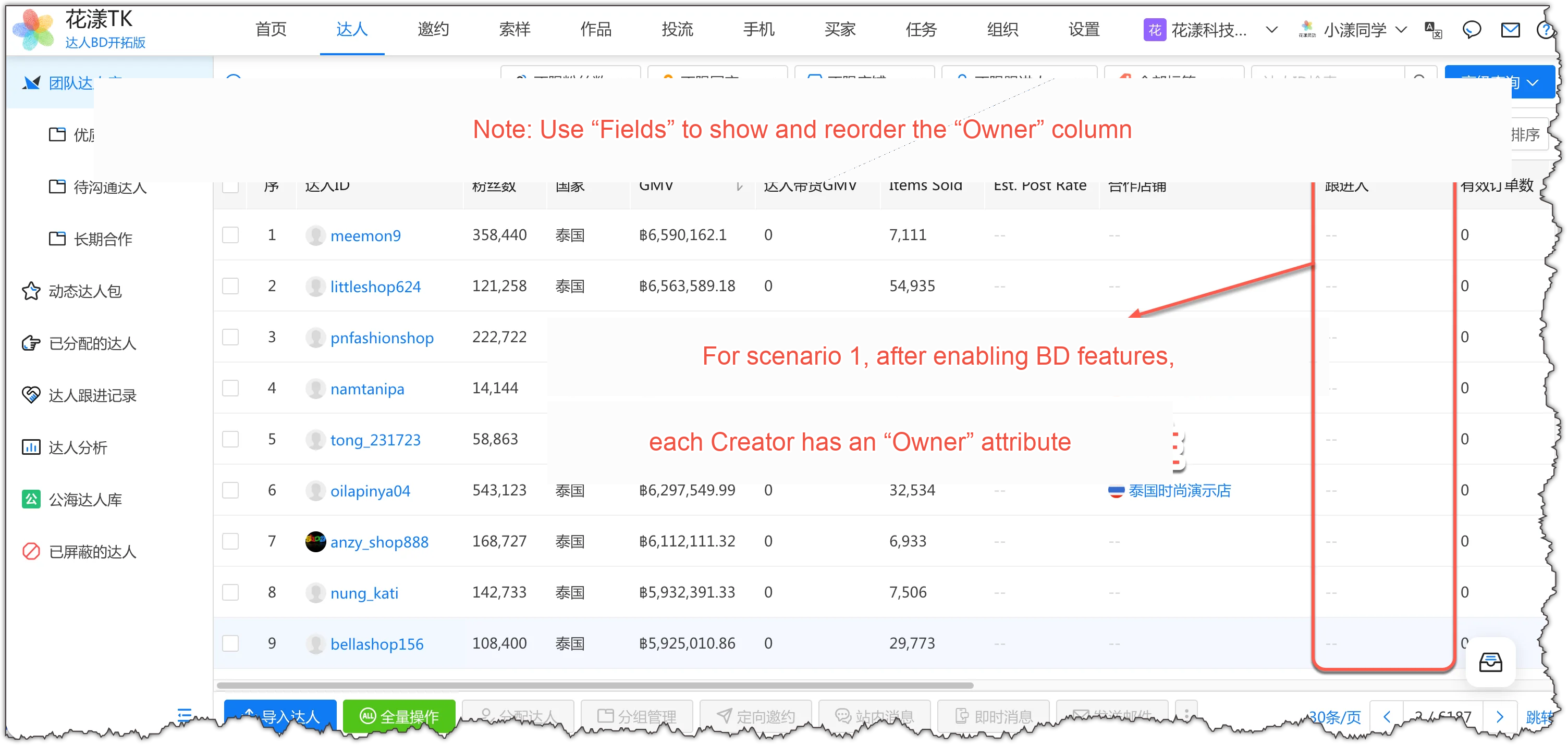 The Creator list shows the “Owner” field